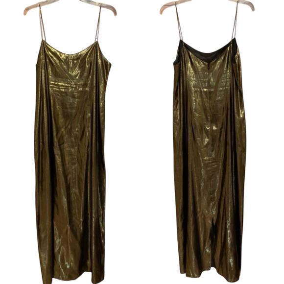 Teri Jon by Rickie Freeman Gold Metallic Silk Spaghetti Strap Maxi Gown Size 10 - Picture 1 of 14